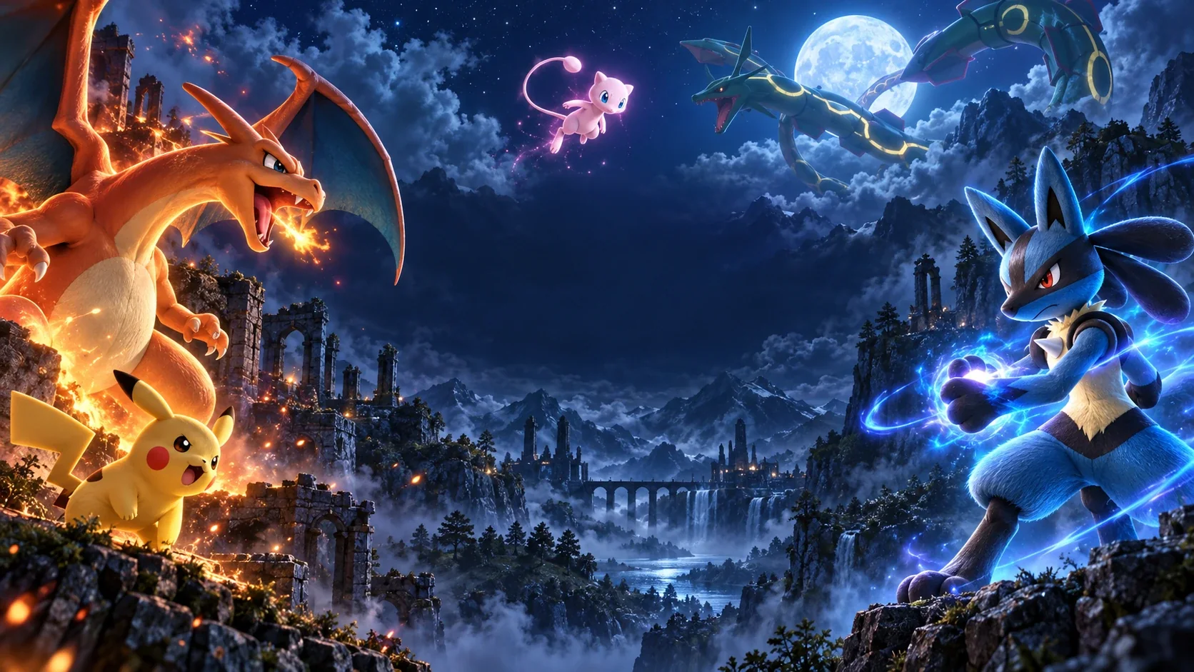 Cinematic launch concept: Charizard and Pikachu face Lucario across a moonlit valley, with Mew and Rayquaza above