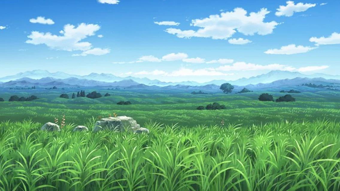 A wide green field under a blue sky from the original game